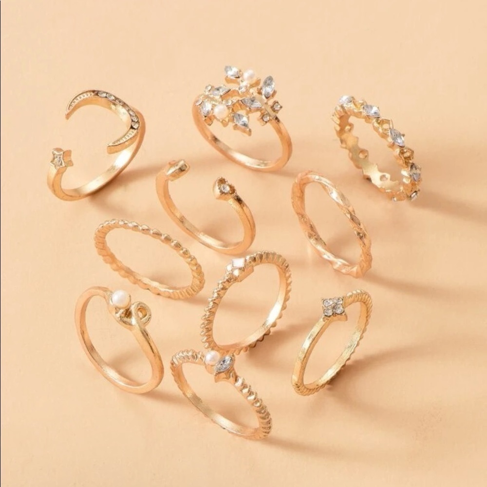 Gold 𝅺3/$30 10pc Moon Star Rhinestone Ring Set - Picture 2 of 3